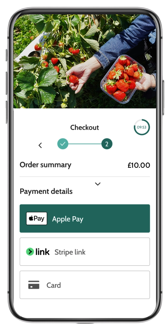 Pick your own ticketing software checkout screen with a punnet of picked strawberries