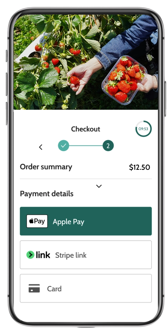 U-pick ticketing software checkout screen with a container of picked strawberries